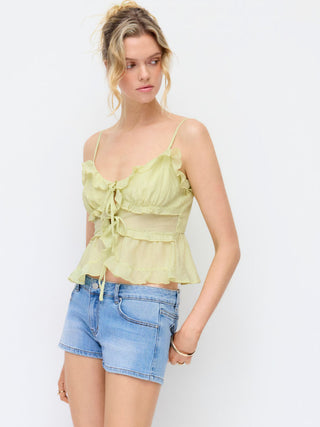 Textured Lyocell-blend V-Neck Ruffled Tie Front Cami Blouse