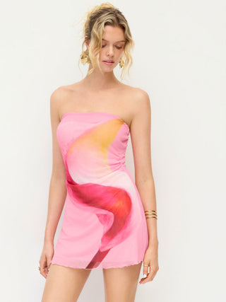 Mesh Abstract Graphic Strapless Bodycon Mini Dress