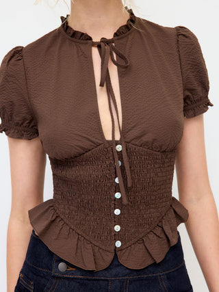 Frilled Stand Collar Tie Neck Puff Sleeve Shirred Ruffle Hem Blouse