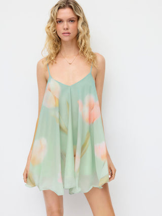 Tie-Back Bow Chiffon Floral Babydoll Mini Dress