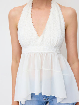 Chiffon Lace Halter Neckline Lace Panel Blouse