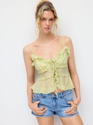 Textured Lyocell-blend V-Neck Ruffled Tie Front Cami Blouse