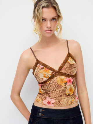 Mesh Leopard & Floral Graphic Lace Trim Cami Top