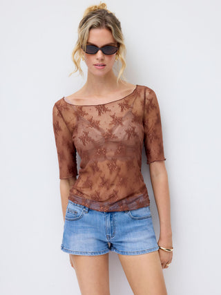 Floral Lace Boat Neck See-Through Middle Sleeve Top