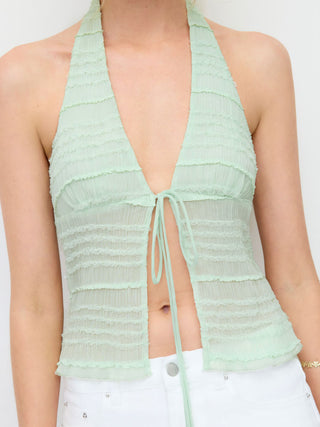 Textured Halter Neck Tie Front Shirred Lettuce Trim Cami Blouse