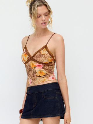 Mesh Leopard & Floral Graphic Lace Trim Cami Top