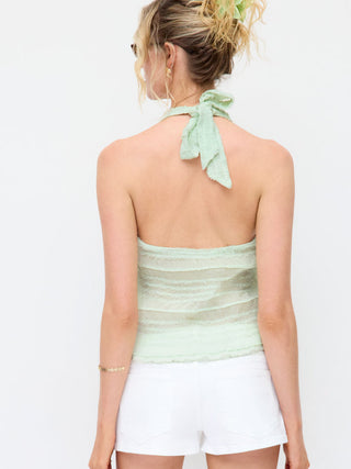 Textured Halter Neck Tie Front Shirred Lettuce Trim Cami Blouse
