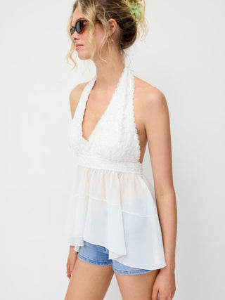 Chiffon Lace Halter Neckline Lace Panel Blouse
