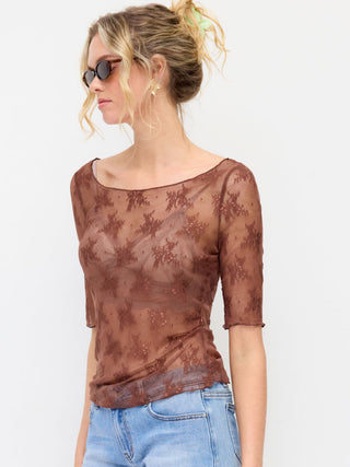 Floral Lace Boat Neck See-Through Middle Sleeve Top
