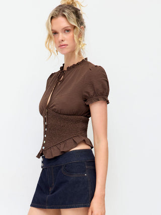 Frilled Stand Collar Tie Neck Puff Sleeve Shirred Ruffle Hem Blouse