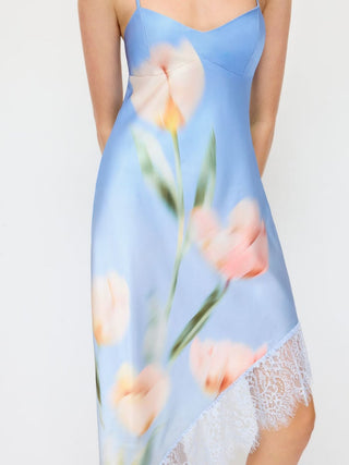 Satin Floral Graphic Lace Trim Asymmetrical Hem A-line Maxi Cami Dress