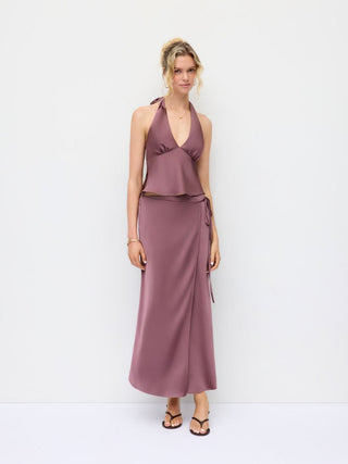 Satin Halter Top and Wrap Mermaid Maxi Skirt Set