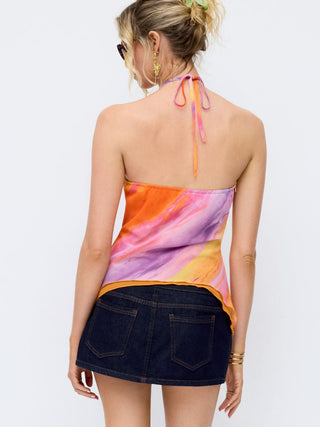 Chiffon Abstract Halter Neckline Ruched Beaded Blouse