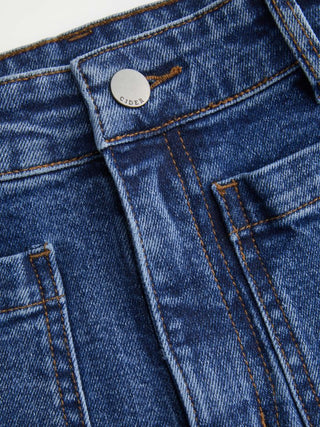 Stretch Denim Mid Rise Washed Metal Detail Straight Leg Jeans