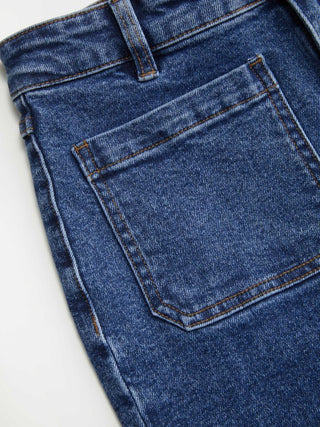 Stretch Denim Mid Rise Washed Metal Detail Straight Leg Jeans