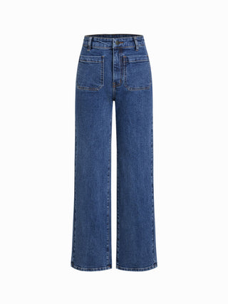 Stretch Denim Mid Rise Washed Metal Detail Straight Leg Jeans