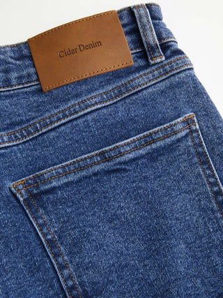 Stretch Denim Mid Rise Washed Metal Detail Straight Leg Jeans