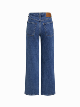 Stretch Denim Mid Rise Washed Metal Detail Straight Leg Jeans