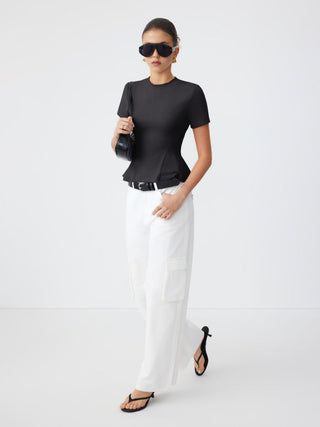 Cotton-blend Short Sleeve Ruffled Hem Tee