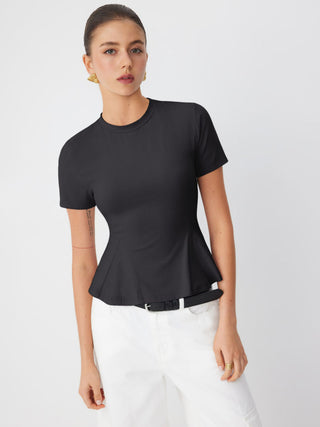 Cotton-blend Short Sleeve Ruffled Hem Tee