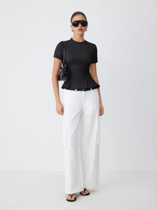 Cotton-blend Short Sleeve Ruffled Hem Tee