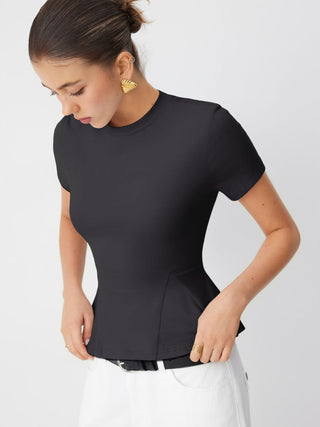 Cotton-blend Short Sleeve Ruffled Hem Tee