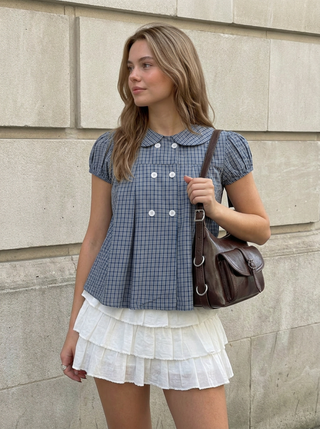 Cotton Gingham Peter Pan Collar Puff Sleeve Pleated Oversized Blouse