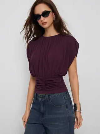 Draped Ruched Round Neckline Sleeveless Top