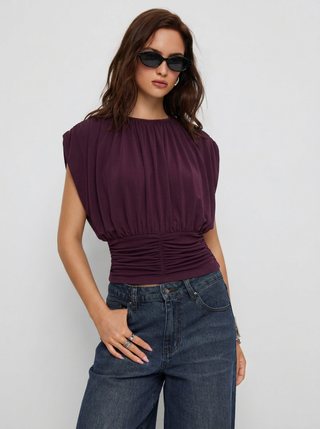 Draped Ruched Round Neckline Sleeveless Top