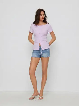 Textured Boat Neck Button Up Lettuce Trim Short Sleeve Top