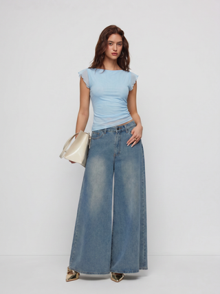 Mesh Boat Neck Lettuce Trim Ruched Top