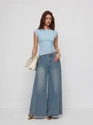 Mesh Boat Neck Lettuce Trim Ruched Top