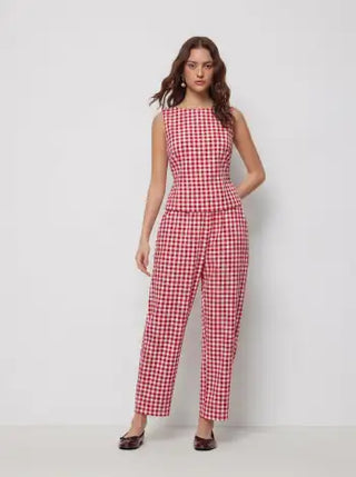 Boat Neck Checks Knotted Top & Mid Rise Elastic Waist Straight Leg Trousers Set