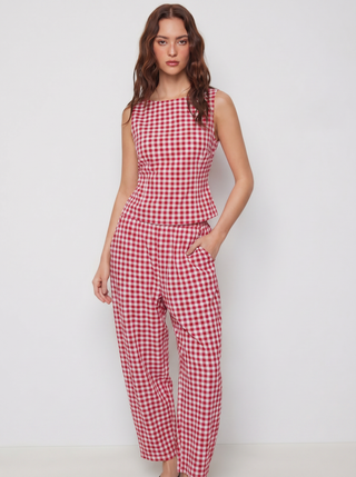 Boat Neck Checks Knotted Top & Mid Rise Elastic Waist Straight Leg Trousers Set