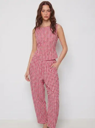 Boat Neck Checks Knotted Top & Mid Rise Elastic Waist Straight Leg Trousers Set