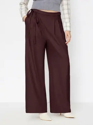 Mid Rise Tie Side Knotted Pleated Wide Leg Trousers