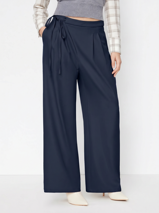 Mid Rise Tie Side Knotted Pleated Wide Leg Trousers