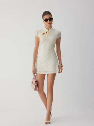 Lace Mandarin Collar Bow Tie Cutout Floral Mini Dress