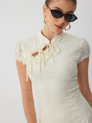 Lace Mandarin Collar Bow Tie Cutout Floral Mini Dress