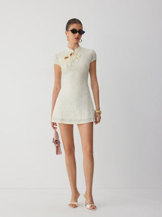 Lace Mandarin Collar Bow Tie Cutout Floral Mini Dress