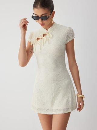 Lace Mandarin Collar Bow Tie Cutout Floral Mini Dress