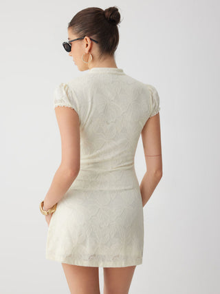 Lace Mandarin Collar Bow Tie Cutout Floral Mini Dress