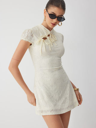 Lace Mandarin Collar Bow Tie Cutout Floral Mini Dress