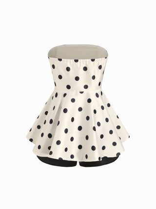 Polka Dot Strapless High Rise Colorblock Peplum Hem Romper