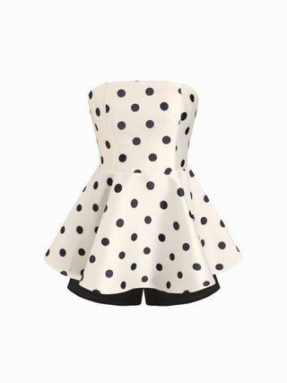 Polka Dot Strapless High Rise Colorblock Peplum Hem Romper