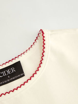 Cotton-blend Contrast Stitch Ruched Puff Sleeve Tee