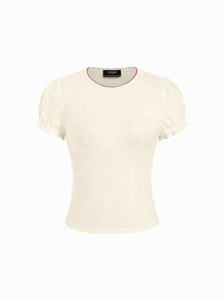 Cotton-blend Contrast Stitch Ruched Puff Sleeve Tee