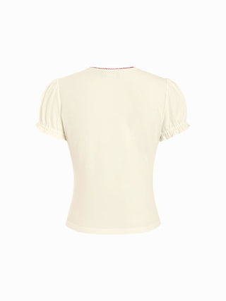 Cotton-blend Contrast Stitch Ruched Puff Sleeve Tee