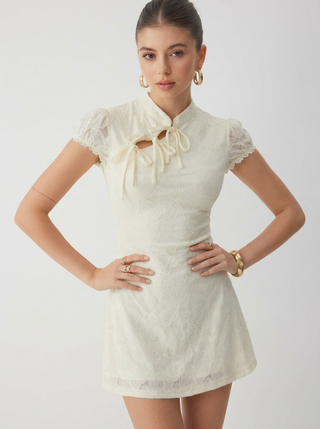 Lace Mandarin Collar Bow Tie Cutout Floral Mini Dress