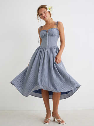 Cotton-blend Gingham Ruched Bowknot Strappy A-line Maxi Dress